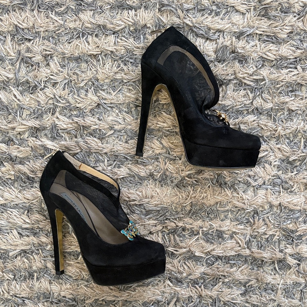 Chinese Laundry Black Suede & Mesh Heels with Removable Crystal Accents, Size 6 - Picture 3 of 10